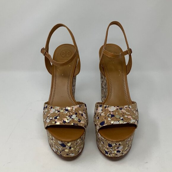 Tory Burch Solana Confetti cork wedges 8.5M sandals brown leather ankle strap - Picture 2 of 9